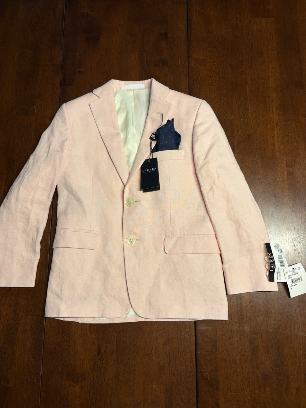 Ralph Lauren Light Pink Linen Sport Coat with Navy Pocket Square